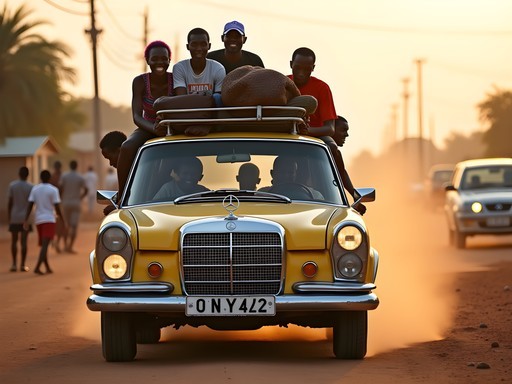 Traditional sept-place shared taxi at Dakar station preparing for journey to Touba
