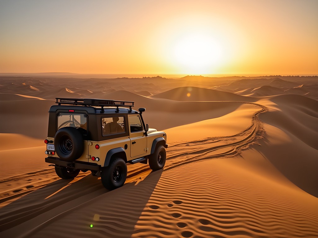 4x4 jeep parked on golden sand dunes during sunset in the Sahara Desert