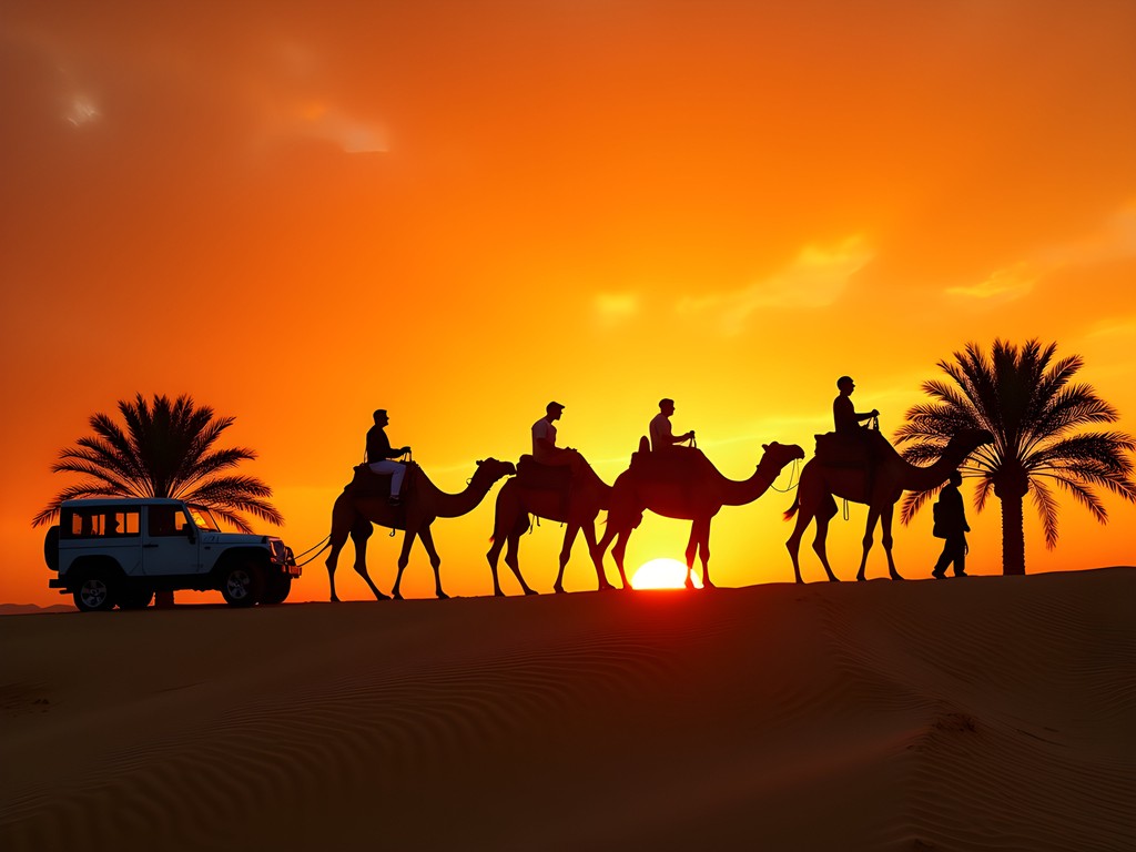 Camel caravan silhouetted against sunset sky with palm trees in Tozeur oasis