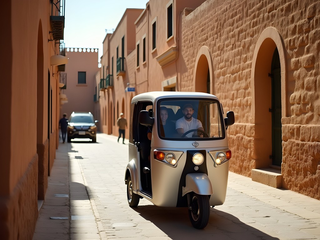 Electric tuk-tuk navigating narrow streets of Tozeur's old medina with distinctive brick architecture