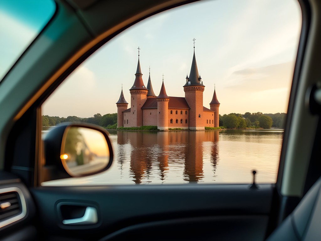 View of Trakai Castle from car window during rideshare journey