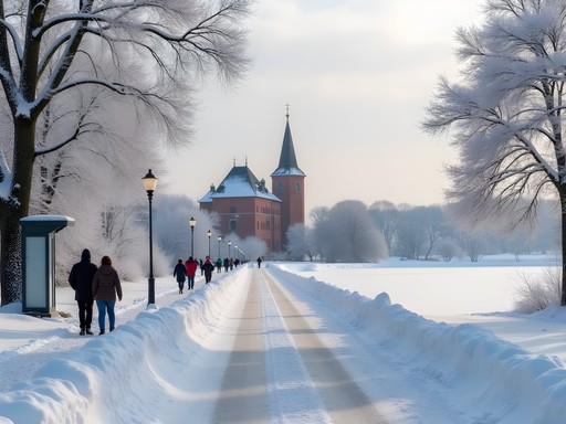 Snow-covered path to Trakai Castle in winter with transportation options visible