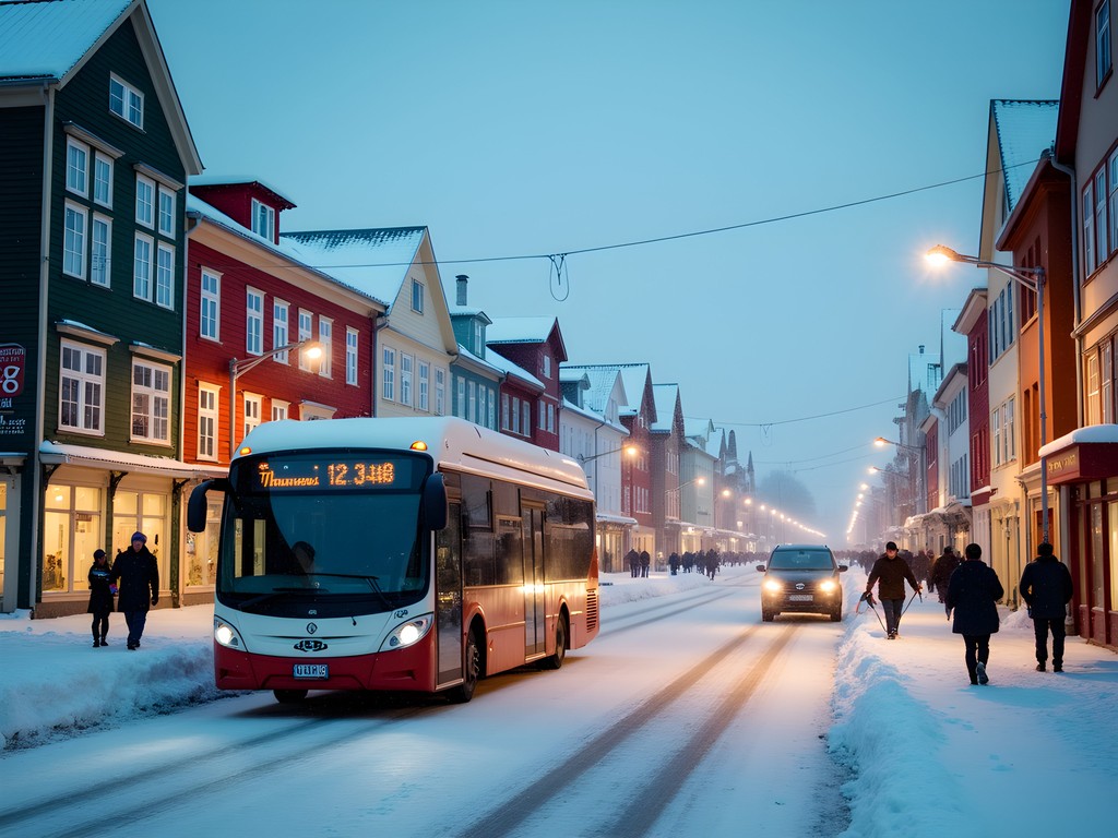 Snowy street in Tromsø city center with local bus and pedestrians