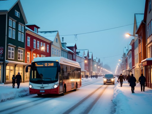 Snowy street in Tromsø city center with local bus and pedestrians