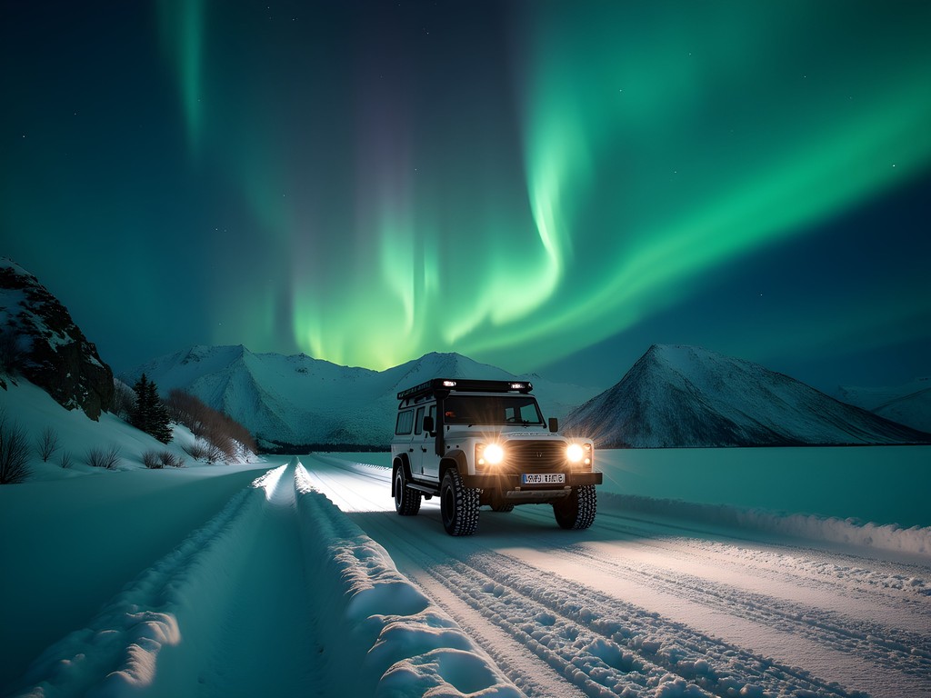 SUV driving on snowy road near Tromsø with northern lights overhead