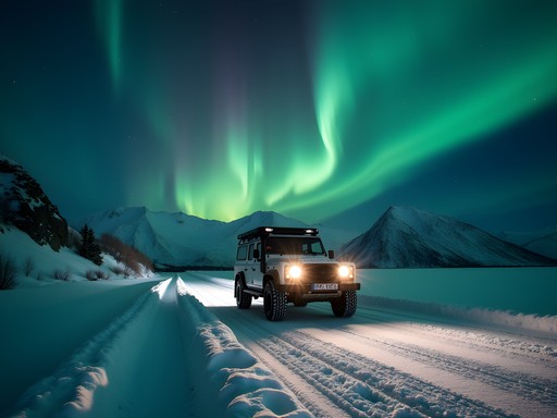 SUV driving on snowy road near Tromsø with northern lights overhead