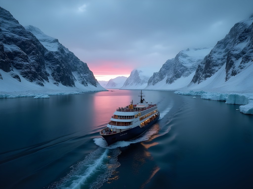 Ferry navigating through icy fjords near Tromsø in winter twilight
