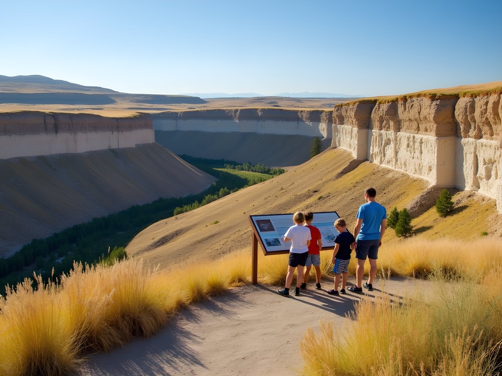 Family examining interpretive displays at Hagerman Fossil Beds National Monument overlook