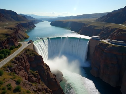 Aerial view of Shoshone Falls showing natural waterfall alongside hydroelectric infrastructure