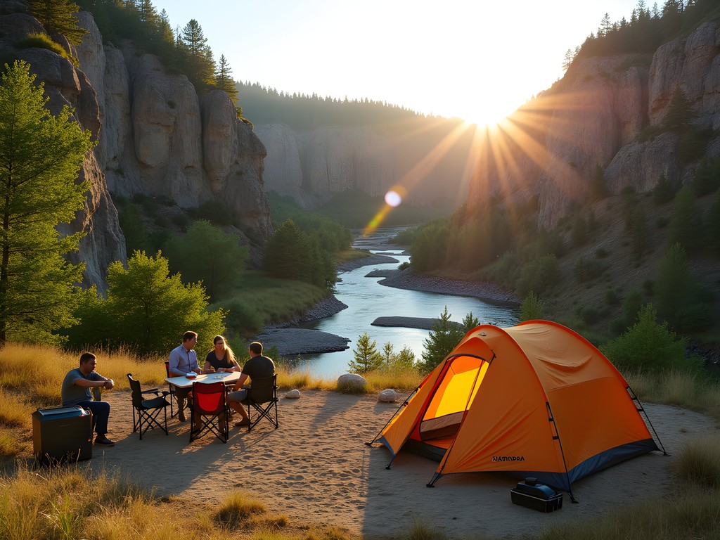 Family campsite at Thousand Springs State Park with tent setup and canyon springs visible in background