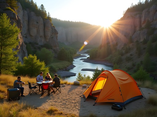 Family campsite at Thousand Springs State Park with tent setup and canyon springs visible in background