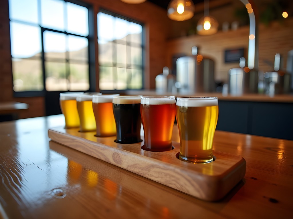 Craft beer tasting paddle at rustic Adelaide Hills brewery with views of winter countryside