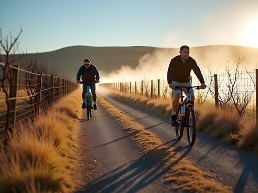 Two middle-aged men cycling through vineyards on the Riesling Trail in Clare Valley with winter morning mist