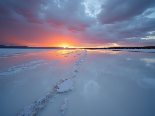 Vast white salt flats of Lake Hart stretching to horizon with dramatic sunset colors reflected on surface