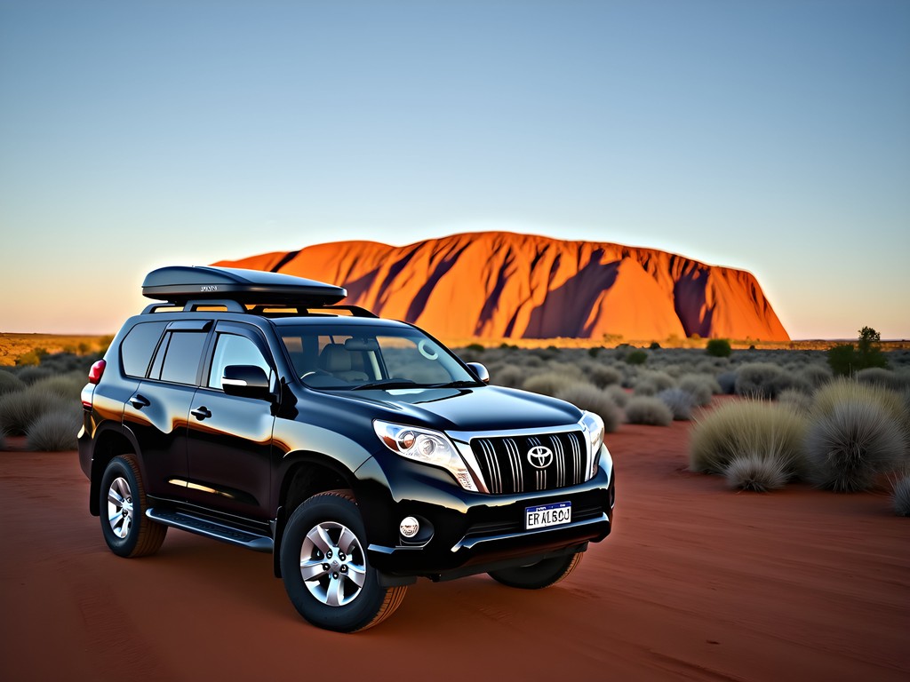 4WD vehicle parked at Uluru sunrise viewing area with the massive red monolith in background