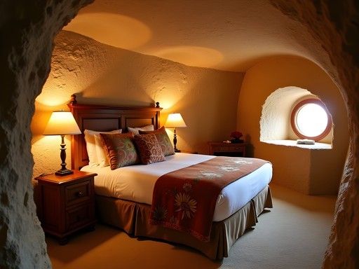 Unique underground hotel room carved from sandstone in Coober Pedy with rustic furnishings