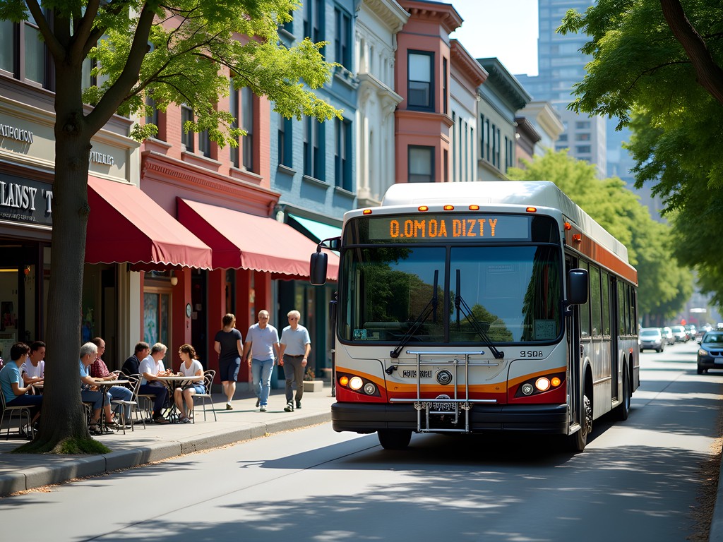 Vancouver bus arriving at colorful Commercial Drive neighborhood with local shops