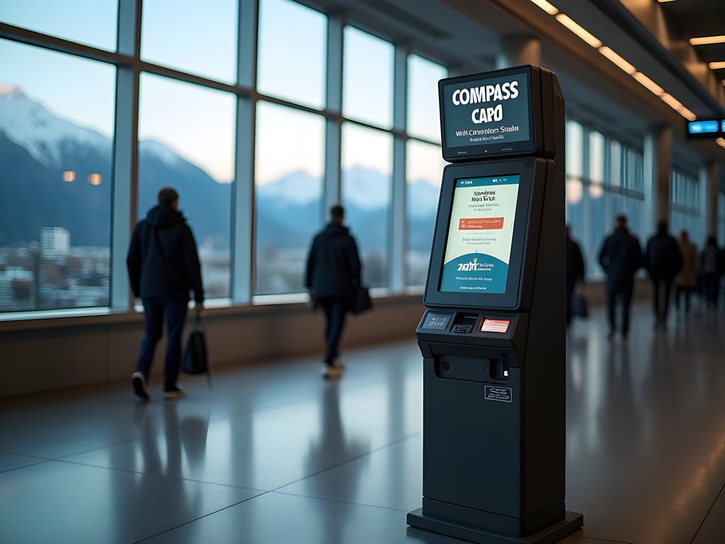 Compass Card kiosk at Vancouver SkyTrain station with mountains visible through station windows