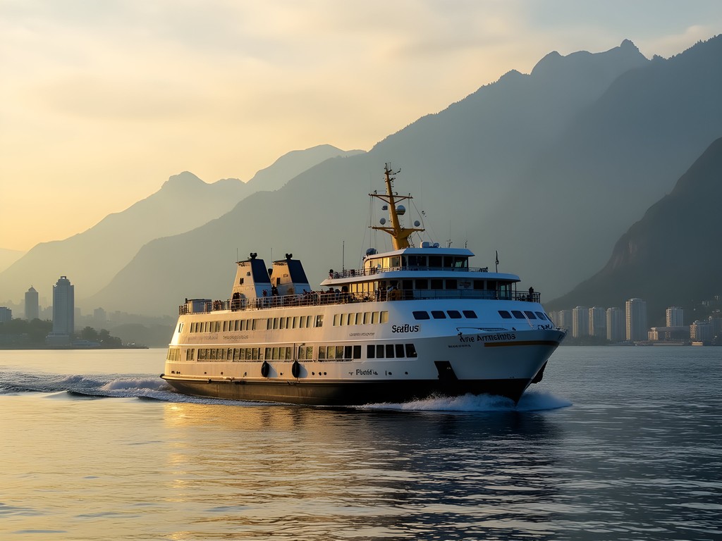 Morning SeaBus crossing Vancouver harbor with mountains and city skyline views