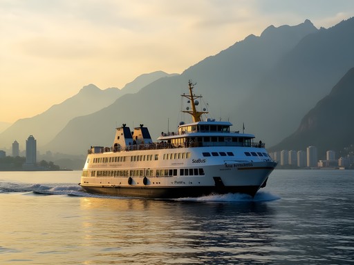 Morning SeaBus crossing Vancouver harbor with mountains and city skyline views