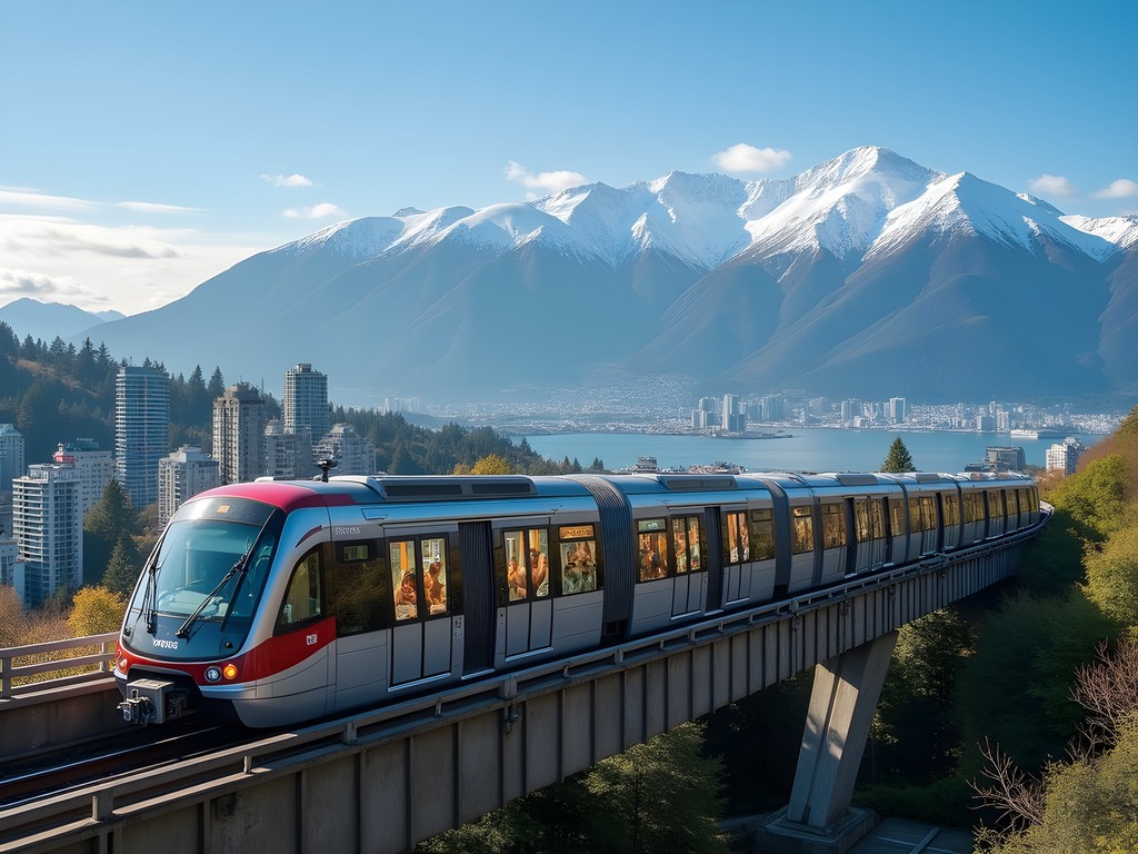 Vancouver SkyTrain crossing bridge with North Shore mountains and water views