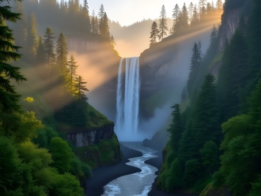 Multnomah Falls in early morning light with few tourists