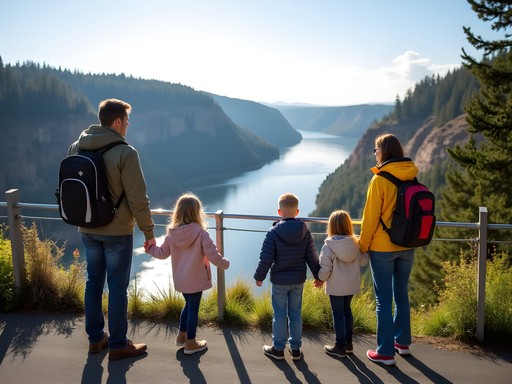 Family safely enjoying Columbia Gorge viewpoint with proper barriers