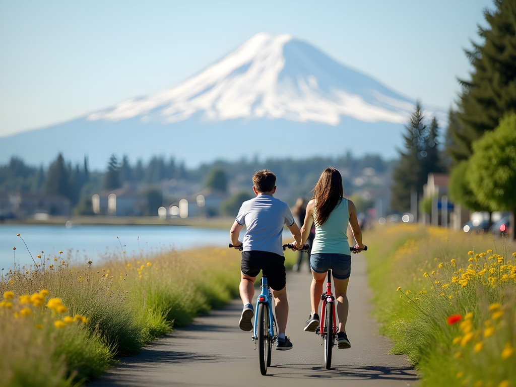 Family biking along Vancouver Washington waterfront with Mount Hood view