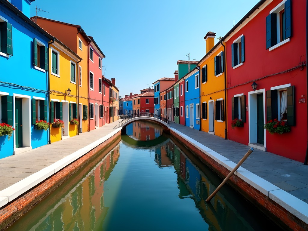 Colorful houses along canal in Burano island, Venice lagoon