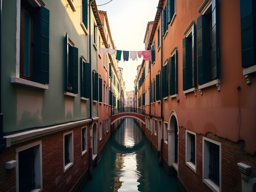 Narrow Venetian alleyway with washing lines overhead and no tourists