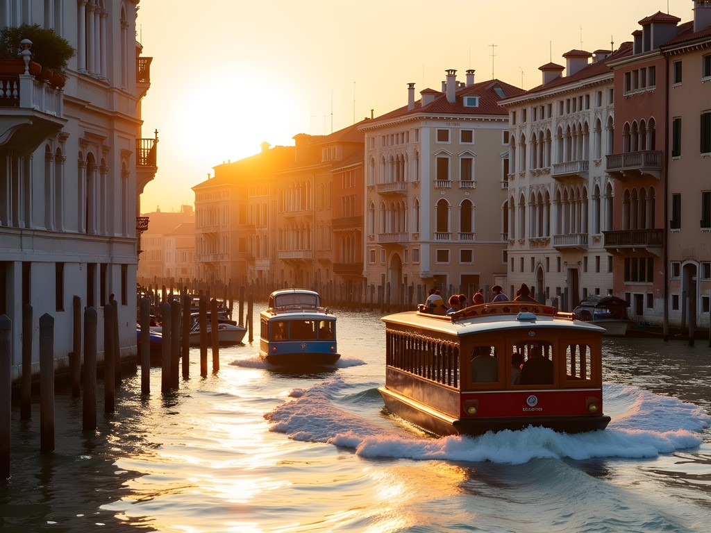 Vaporetto water bus navigating Venice's Grand Canal with historic buildings on both sides