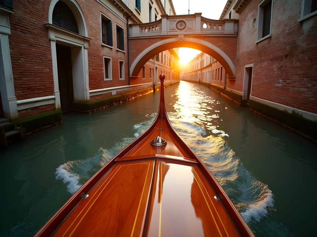 Polished wooden water taxi navigating a narrow Venetian canal at sunset