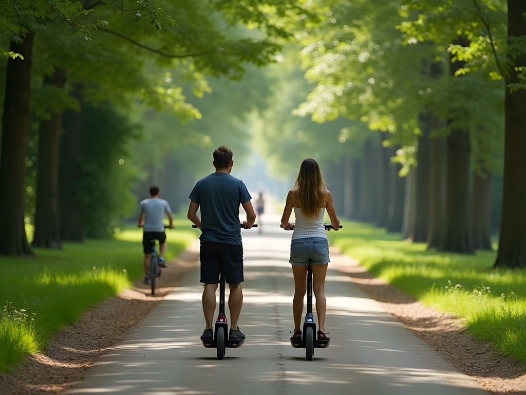 Couple riding electric scooters on path through Bois de Boulogne toward Versailles