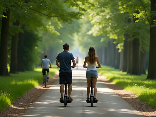 Couple riding electric scooters on path through Bois de Boulogne toward Versailles