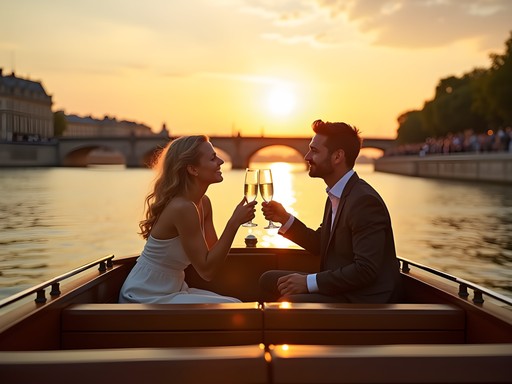 Private boat cruise on the Seine River toward Versailles at sunset