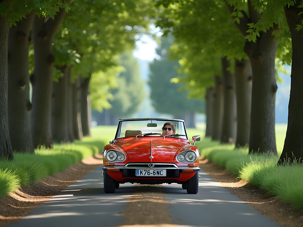 Vintage Citroën DS convertible on country road between Paris and Versailles