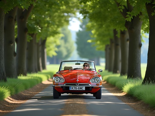 Vintage Citroën DS convertible on country road between Paris and Versailles