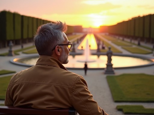 Traveler enjoying Versailles gardens in evening light