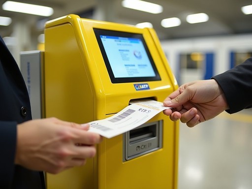 Paris RER ticket validation machine with passenger inserting ticket