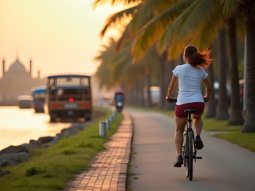 Woman cycling along Vientiane's Mekong riverfront promenade