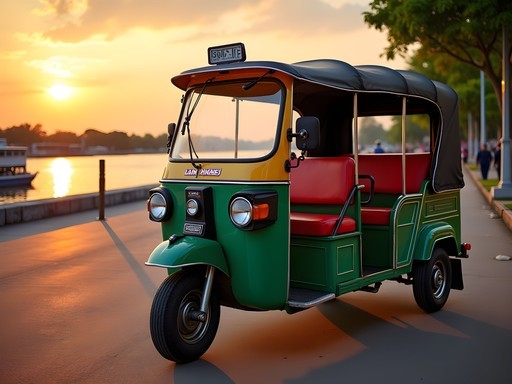Colorful tuk-tuk parked along Vientiane's Mekong riverfront at sunset