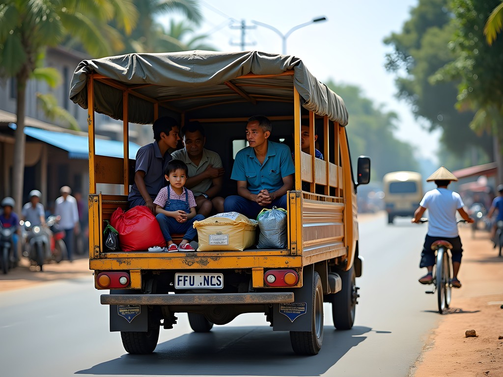 Local Vientiane bus with passengers and cargo