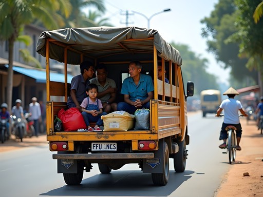 Local Vientiane bus with passengers and cargo