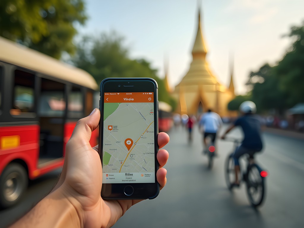 Smartphone displaying ride-hailing app in Vientiane with That Luang temple in background