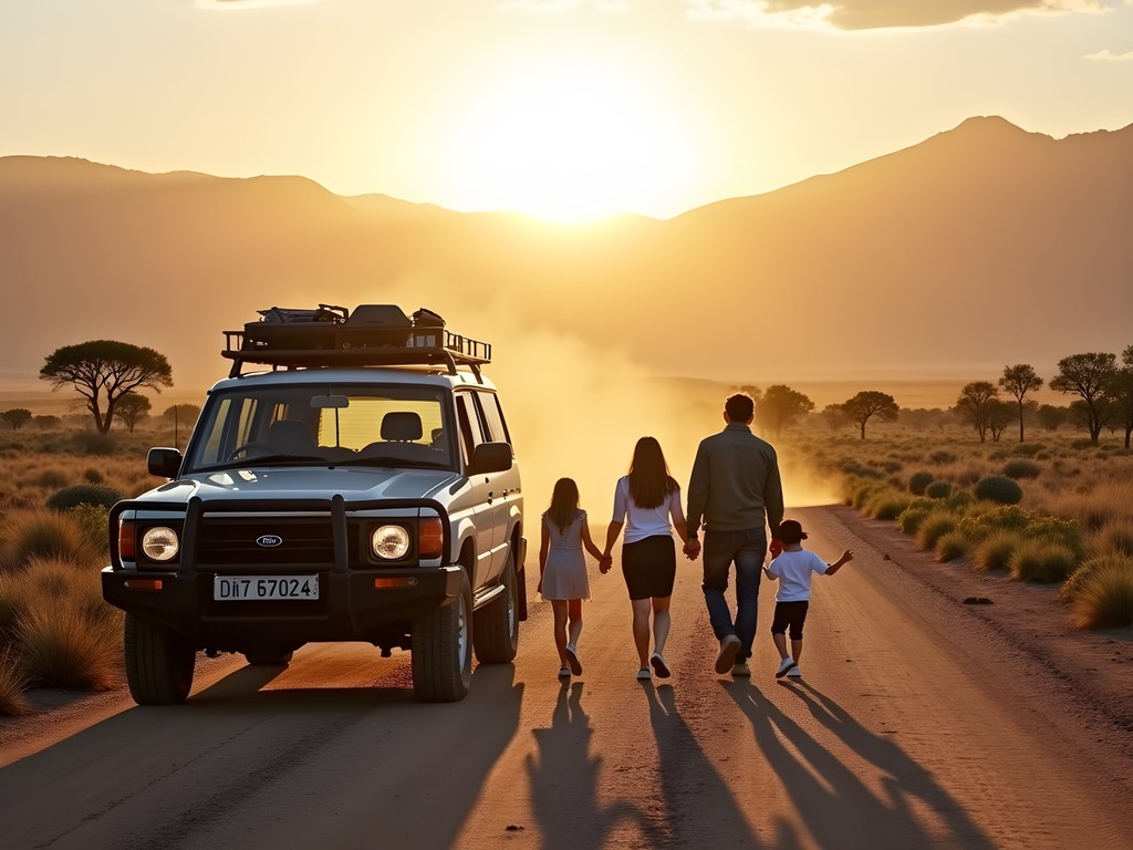 Family taking a break during road trip with vast Namibian landscape