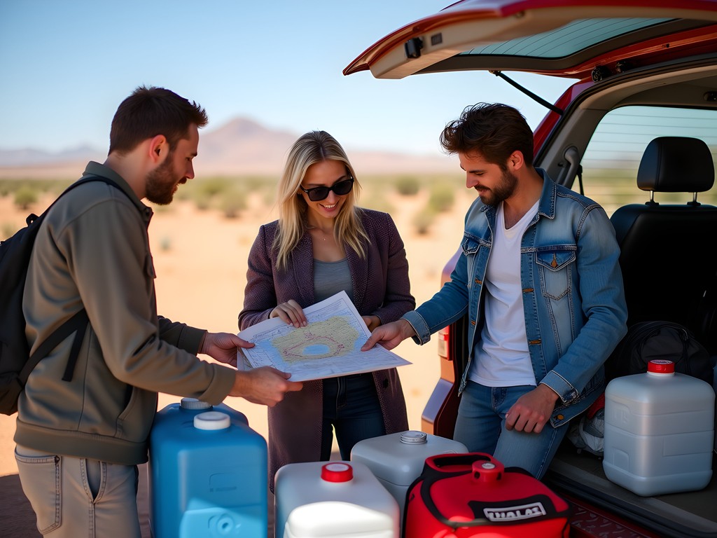 Family preparing vehicle for safe travel in Namibia with safety equipment