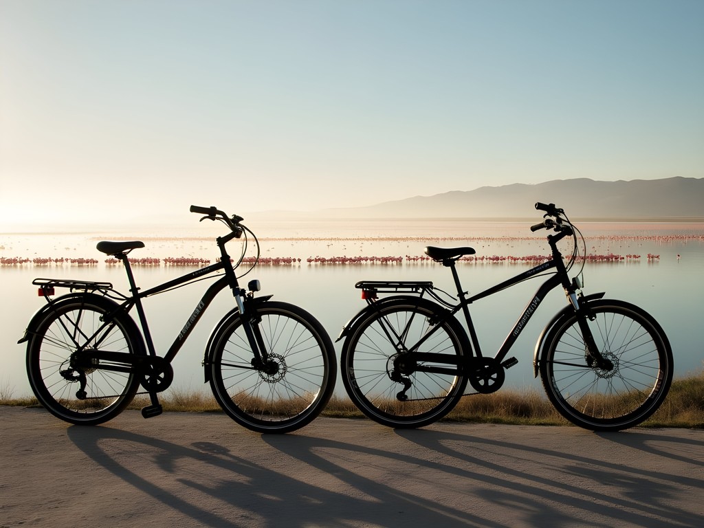 Bicycles parked with view of flamingos at Walvis Bay Lagoon