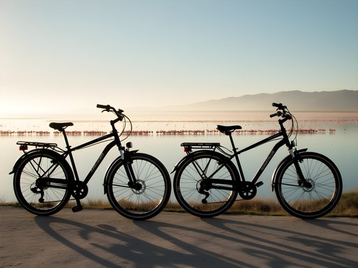Bicycles parked with view of flamingos at Walvis Bay Lagoon