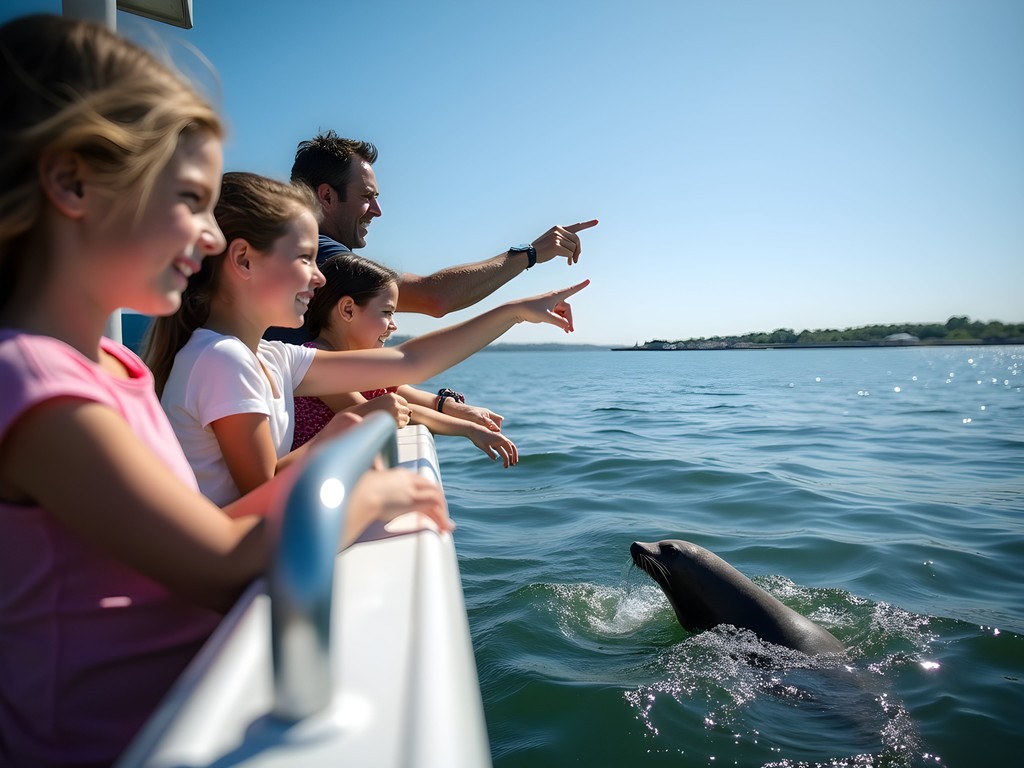 Family watching harbor seals from a Rhode Island Bay eco-tour boat