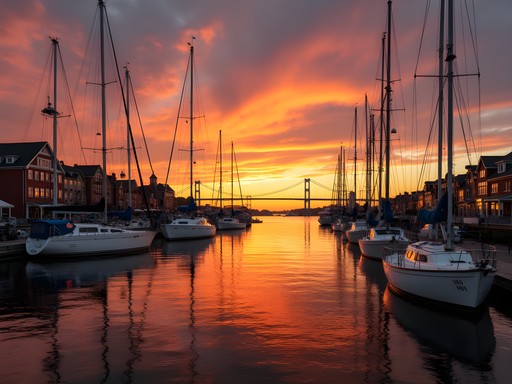 Sunset view of Newport Harbor with sailboats and yachts in golden light